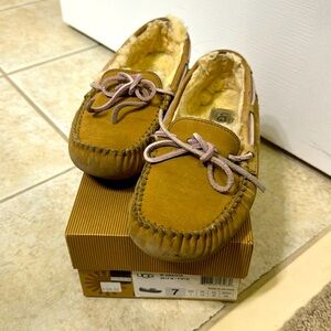 UGG Tan and Pink Moccasins with Shearling Lining